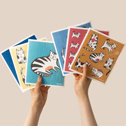 RECYCO Swedish Dishcloths for Kitchen | 6 Pack Cuddly Cats Washable Dish Rags | Cellulose Reusable Cleaning Paper Towels | Absorbent Counter Dish Cloth Sponge Kitchen Wipes, 8" L x 7" W - color: Cuddly Cats - 6 Pack