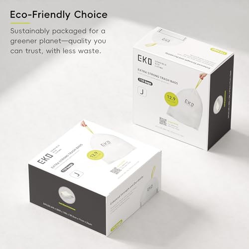 EKO 12.9 Gallon / 45-49 Liter, 110 Count Drawstring Trash Bags, Extra-Strong Unscented Garbage Bags, Easy-Dispense Roll for Kitchen & Household Use, Resists Tears, Leaks and Punctures, Code J, White - size: 110 Count (Pack of 1), style: 12.9 Gallon Bags/C