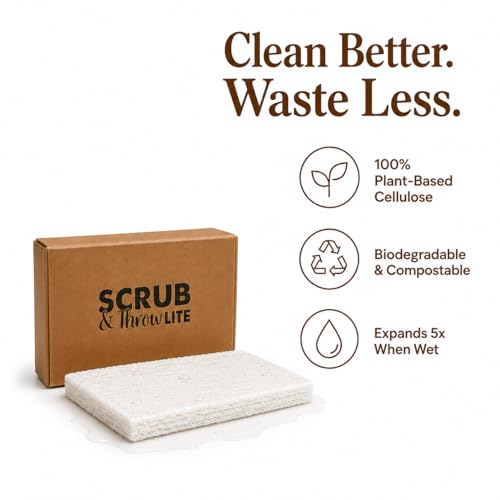 Scrub & Throw Cellulose Sponges, Natural, Plastic-Free, Non-Scratch, for Kitchen, Dishes, Pots and Cleaning, Plant-Based, Plastic-Free, Eco-Friendly, Biodegradable, 15 Pack