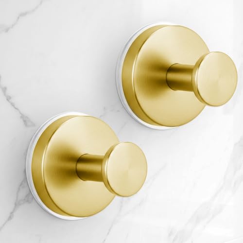 Large Suction Cup Hooks for Shower,Glass Window&Door,Mirror,Reusable Shower Hooks,No-Drill Removable Towel Hooks for Bathroom,2 Packs(Brushed Gold) - color: Gold, size: 2 Pack