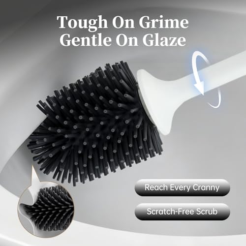 Toilet Brush and Holder Set, Toilet Bowl Brush with Long Handle, High-End Modern Silicone Toilet Brush Set, Non-Scratch Hygienic(Matte Black + Silver, A),Father's Day - color: Matte Black + Silver