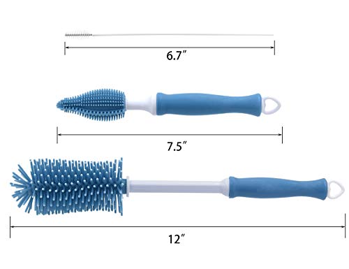 Silicone Cleaning Brush, 12" Long Handle Water Bottle Cleaner for Baby, Sports, Vase, Glassware, and Smaller Diameter Openings - color: Blue