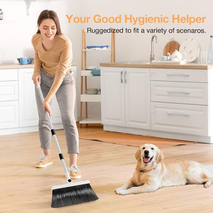 Broom with Dustpan Combo Set,UOEOS One-Sweep Clean,Pet Hair Removal Broom with Self-Cleaning Double-Layer Teeth,High Density Broom and Windproof Dustpan for Indoor&Outdoor - color: Black