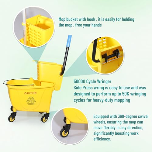 Press Wringer Combo Commercial Rectangular Mop Bucket on Wheels, 35-Quart, Yellow,Add One Commercial Mop and One Set Rubber Gloves
