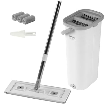VEVOR Mop and Bucket with Wringer Set, Wet & Dry Use, Flat Mop and Bucket System with 3 Washable Microfiber Pads, Flat Mop with Stainless Steel Handle, Mop Bucket Set for Hardwood Tile Vinyl - style: Flat Mop and Bucket with 3 Pads