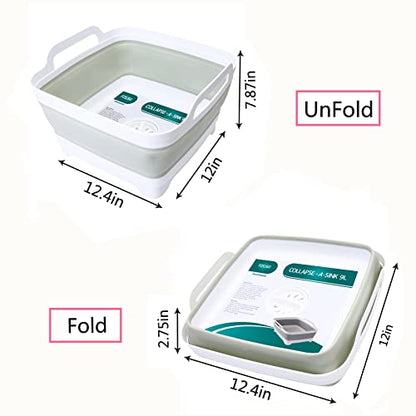 FOSJGO Collapsible Dish Basin with Drain Plug, 2.4 Gal (9L) Space-Saving Foldable Sink, Wash Basin for Kitchen, Baby Bottles, Vegetable Washing, Camping, RV and Party Beverage Tubs (Light Green) - color: Light Green