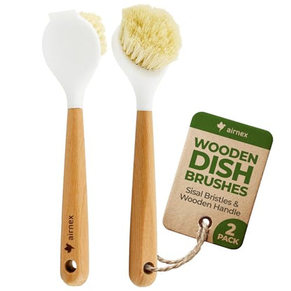 AIRNEX Wooden Dish Brush Set of 2 - Dish Brush with Handle Made of Wood & Sisal Bristles, Non Scratch Kitchen Scrub Brush for Dishes, Pots & Pans, Dish Scrubber with Plastic Free Bristles