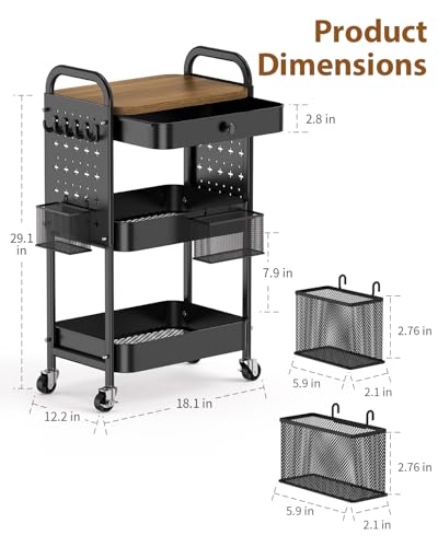 ALVOROG Rolling Cart with Drawer and Wood Table Top, 3 Tier Metal Rolling Utility Cart on Wheels with DIY Pegboards, Hanging Baskets, Hooks for Bedroom,Office,Craft Supplies - color: Black