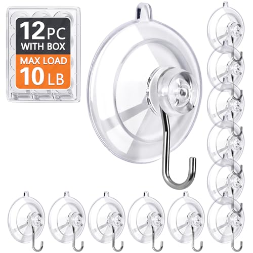 KORCCI Suction Cup Hooks 12Pack - Max Load 10LB, 1.77Inch Clear Medium Suction Cups, No Trace, Reusable & Removable, Stainless Steel Hooks, for Tile, Glass, Window, Shower, Kitchen, Bathroom - size: 12pc-Medium Size
