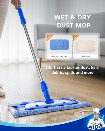 MR.SIGA Professional Microfiber Mop for Hardwood, Laminate, Tile Floor Cleaning, Stainless Steel Telescopic Handle - 3 Reusable Flat Mop Refills and 1 Dirt Removal Scrubber Included - color: Blue