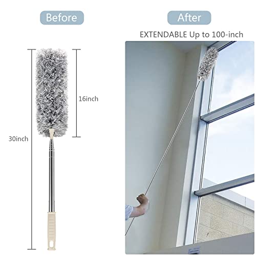 Microfiber Duster with Extension Pole(Stainless Steel) 30 to 100'', with Bendable Head, Extendable Long Duster for Cleaning Ceiling Fan, High Ceiling, Keyboard, Furniture Cars Gray - color: Gray