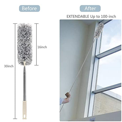 Microfiber Duster with Extension Pole(Stainless Steel) 30 to 100'', with Bendable Head, Extendable Long Duster for Cleaning Ceiling Fan, High Ceiling, Keyboard, Furniture Cars Gray - color: Gray
