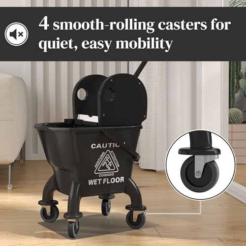 27.5qt Durable Mop Bucket Featuring Down Press Wringer on 360-Degree Swivel Bearings and Enhanced Adjustable Handle Black