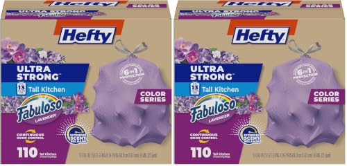Hefty Ultra Strong 13 Gallon Trash Bags, Tall Kitchen Trash Bags 13 Gallon Size, Resist Leaks, Punctures, and Rips, Continuous Odor Control, Purple, Fabuloso Scent,(Pack of 220) - size: 1 Count (Pack of 220), style: Fabuloso