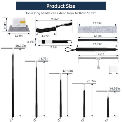 12-51’’ Telescopic Window Squeegee for High Windows, 2-in-1 Window Cleaning Kit with Extra Silicone Blade & Hook, Professional Squeegee for Shower Glass Doors (Window Squeegee Set)