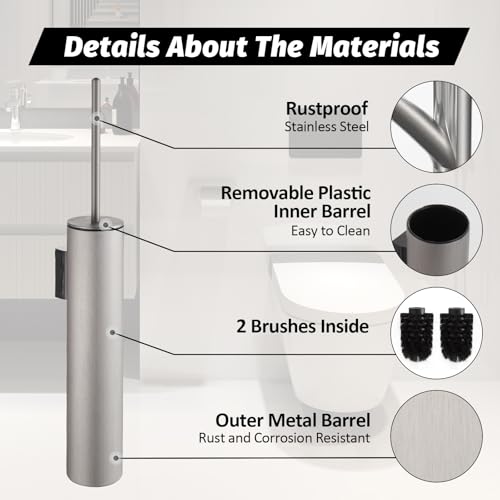 BGL Toilet Brush and Holder Set Brushed Nickel Wall Mounted for Bathroom Round Design - color: Brushed Nickel-wall Mount