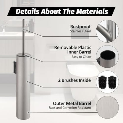 BGL Toilet Brush and Holder Set Brushed Nickel Wall Mounted for Bathroom Round Design - color: Brushed Nickel-wall Mount