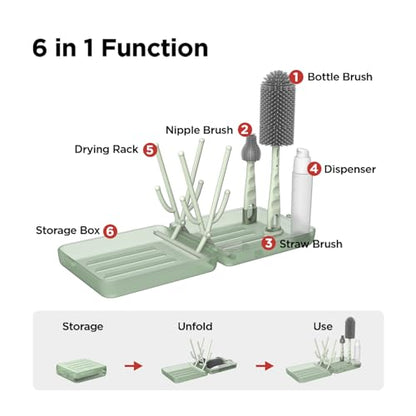 YOTIME Travel Bottle Brush Set, Auto-Open Rack & Vertical Brushs Drying Slots, 3 Brushes, Foldable Drying Rack, Dispenser, Travel Baby Essentials for On-The-Go Parents, Transparent Green - color: Transparent Green