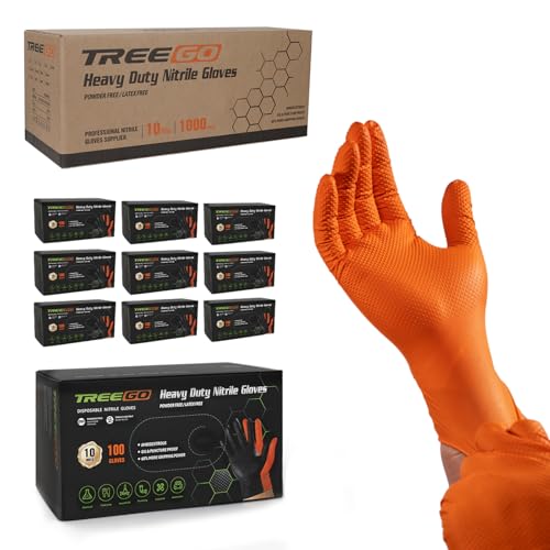 TREEGO Orange Nitrile Gloves 10 Mil Heavy Duty Disposable Latex Free Gloves – Extra Thick Diamond Grip Mechanic Gloves for Heavy Work, XL, 1000 Count Case - color: Orange 1000, size: X-Large
