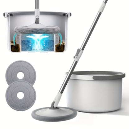Spin Mop and Bucket System with 2 Microfiber Mop Heads, 360° Rotating Floor Mop for Wet and Dry Cleaning, Adjustable Stainless Steel Handle, Compact Cleaning Set for Hardwood, Tile, Laminate, Grey