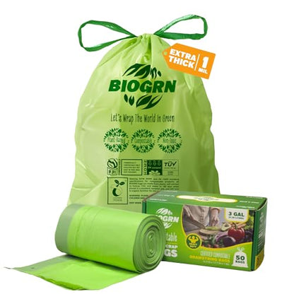 2.6-3 Gallon Compostable Trash Bags Drawstring 50 Bags Extra Thick 1 Mil 11.36 Liter Small Biodegradable Trash Bags for Kitchen Countertop Bin ASTM D6400, US BPI and OK Compost Home Certified - color: 3 Gal, Drawstring Bags, 50 Count