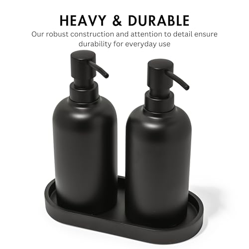 Matte Black Round Soap Dispenser Set with Tray for Kitchen, Countertop & Bathroom – 2 Pack 15 oz Refillable Resin Pump Bottle for Dish Soap, Hand Soap, Shampoo, Conditioner – Non-Slip Protective Pads - color: Black, style: Round Soap Dispenser Set with Tr