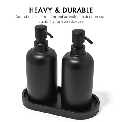 Matte Black Round Soap Dispenser Set with Tray for Kitchen, Countertop & Bathroom – 2 Pack 15 oz Refillable Resin Pump Bottle for Dish Soap, Hand Soap, Shampoo, Conditioner – Non-Slip Protective Pads - color: Black, style: Round Soap Dispenser Set with Tr