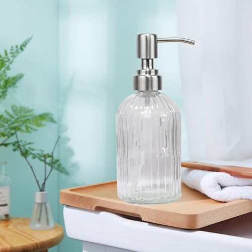 14Oz Clear Soap Dispenser Bathroom, Glass Hand Soap Dispensers with Stainless Steel Pump, Refillable Dish Soap Dispenser for Kitchen, Countertop Soap Dispensers - color: Clear Vertical