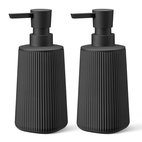 Black 2 Pack Hand Soap Dispensers Set with No Rust Pump for Bathroom and Kitchen Countertops Refillable Matte Striped Plastic 8.5 oz - color: Black Set of 2