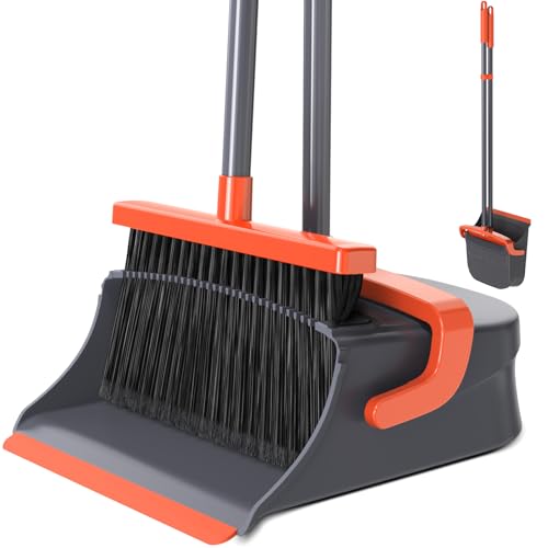 Broom with Dustpan Combo Set, Long Handle Upright Standing Self-Cleaning Broom and Dustpan Set for Pet Hair & Dust Cleanup, Indoor Outdoor Use for Home, Kitchen, Office, Orange & Gray - color: Orange & Gray