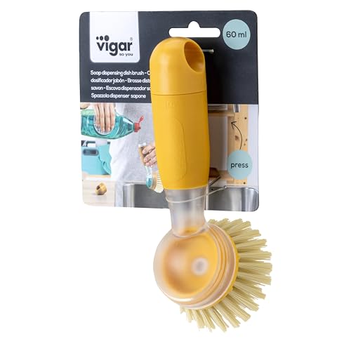 Vigar Rengo Dish Brush with Soap Dispenser - Dish Scrubber with Handle, Kitchen Scrub Brush for Dishes, Sink Cleaning Brush, Soap Dispensing Dish Wand with Nylon Bristles, Non Scratch - Mustard - color: Mustard
