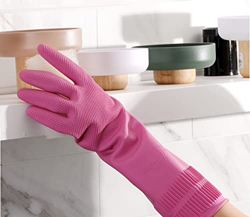 Myungjin (2 Pairs Reusable Waterproof Household Dishwashing Non-Slip Cleaning Latex Rubber Kitchen Gloves (Pink, X-Large) - size: X-Large