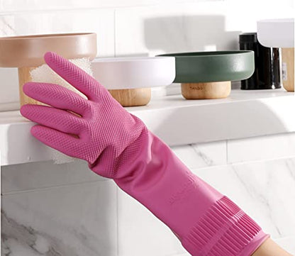 Myungjin (2 Pairs Reusable Waterproof Household Dishwashing Non-Slip Cleaning Latex Rubber Kitchen Gloves (Pink, Small) - size: Small 20cm x 31cm