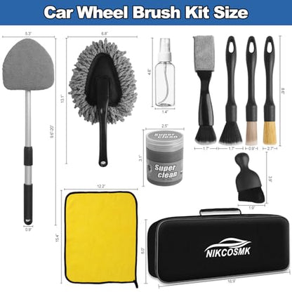 Windshield Cleaner Tool, 14Pcs Car Cleaning Kit - Car Interior Detailing Kit with Extendable Handle, Cleaning Gel & Microfiber Pads, All-in-One Inside Car Cleaning Supplies for Women Men
