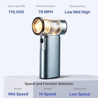 TurboFlow 3-in-1 Compact Ultra High-Speed Cordless Mini Blower, Vacuum & Handheld Fan, 110000RPM, Fast Charging, Dust Blower and Vacuum for Computer, Keyboard, Car, Home, Garden & Outdoor