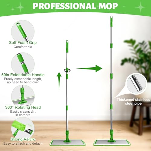 17.7" Microfiber Mop for Floor Cleaning, 59in Long Adjustable Stainless Steel Handle, 360° Rotating Large Flat Mops, 4 Washable Pads for Dry & Wet Cleaning for Hardwood, Vinyl, Laminate, Green