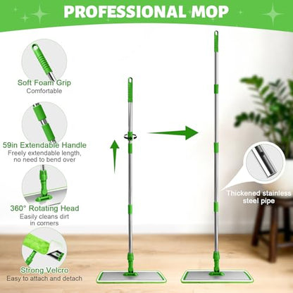17.7" Microfiber Mop for Floor Cleaning, 59in Long Adjustable Stainless Steel Handle, 360° Rotating Large Flat Mops, 4 Washable Pads for Dry & Wet Cleaning for Hardwood, Vinyl, Laminate, Green