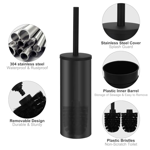 Toilet Brush and Caddy, Stainless Steel Toilet Bowl Brush and Holder, Toilet Bowl Cleaner Brush for Bathroom (Black) - color: Black