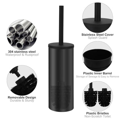 Toilet Brush and Caddy, Stainless Steel Toilet Bowl Brush and Holder, Toilet Bowl Cleaner Brush for Bathroom (Black) - color: Black