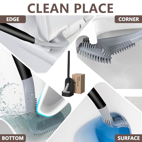 Toilet Brush and Holder Set, Silicone Toilet Brush, Golf Head Design, Long Handle, 360° Deep Cleaning, Wall Mounted with Removable Anti-Leakage Base for Bathroom Toilet Cleaning(Black) - color: Black