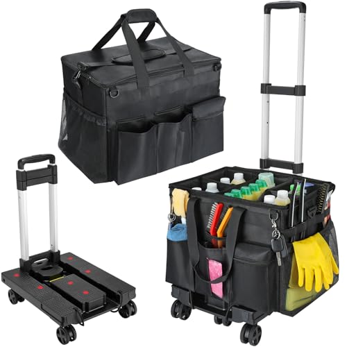 Housolution Extra Large Rolling Cleaning Caddy Bag with Detachable Trolley, Upgraded 360° Free Rotating with 5 Wheels and Dust-Proof Lid, Professional Cleaning Supplies Bag for Housekeepers, Black - color: Black, size: Large