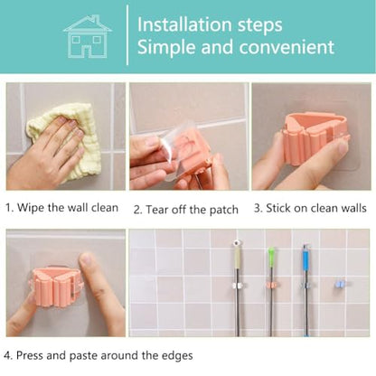 Broom And Mop Holder Clip 4 Pcs Mop Broom Wall Mounted Heavy Duty With Plastic Hooks Hanger No Drilling Mop Gripper For Home Bathroom Kitchen (pink) - color: pink