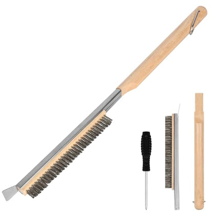Aolso Pizza Oven Brush, 21" Brush and Stainless Steel Scraper for Pizza Stone, BBQ Grill Cleaning Brush Non Scratch Heat Proof Stainless Steel Bristles with Screwdriver for Pizza Oven Accessories - size: 21" Stainless Steel Bristles