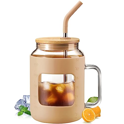 WINSA 50 oz Glass Water Bottles with Silicone Sleeve,Glass Tumbler with Lid and Straw,Iced Coffee Cup with Handle,BPA Free-Amber - color: Amber