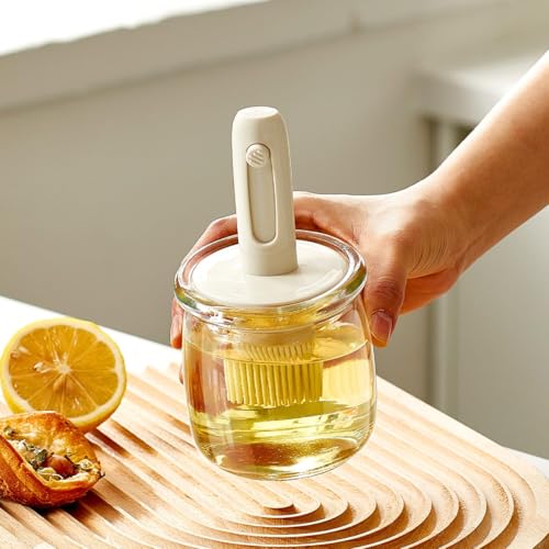 Retractable Oil Brush Dispenser, 2-in-1 Glass Olive Oil Bottle with Silicone Basting Brush — Adjustable Telescopic Design for Cooking, BBQ, and Baking (White/Green/Yellow) (WHITE) - color: WHITE