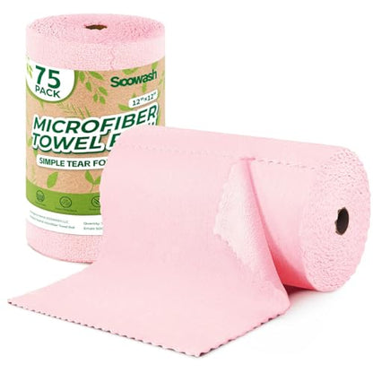 Microfiber Cleaning Cloths Roll, 75 Pack Tear Away Microfiber Towels Roll, 12" x 12" Lint Free Rags, Reusable Cleaning Cloths, Washable, Scratch Free,Ultra Absorbent Dish Rags(Pink) - color: Pink, size: 75 pack