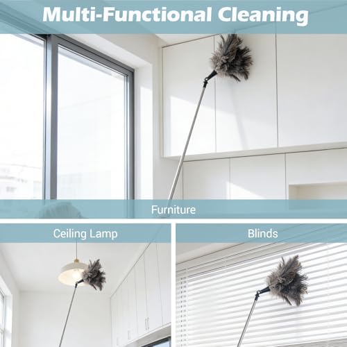 Feather Duster Extendable 22–47 Inch, Natural Ostrich Feather Duster with Long Handle for High Ceilings, Ceiling Fans, Walls，Furniture(Brown) - color: Brown