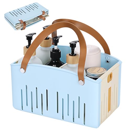 Portable Shower Caddy Collapsible Plastic Shower Basket Tote with Handles Removable Divider, Cleaning Caddy Storage Organizer for Bathroom College Dorm (Blue) - color: Blue