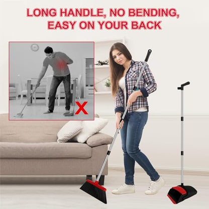 Broom with Dustpan Combo Set and Silicone Air Broom Kit, 51" Long Handle Floor Squeegee, Red Household Kit for Glass Window Rugs Pet Hair Home - color: Red