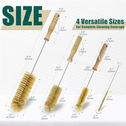 Boar Bristle Bottle Brush Set (4 Pack) - Straw & Water Bottle Cleaner with Long Wooden Handles, Scrubber for Stanley Cups, Tumblers & Jars, 304 Stainless Steel Wire, Kraft Packaging